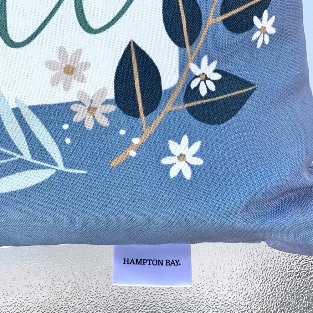 Hampton Bay Blue Floral & Butterfly Hello Indoor Outdoor Throw Pillow 16